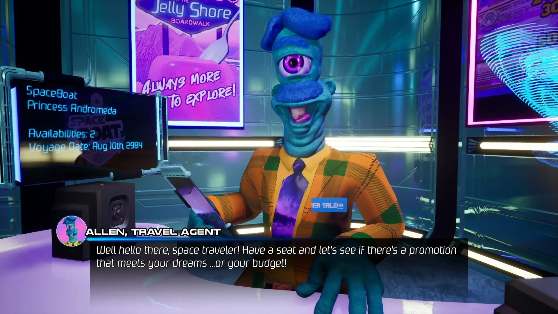 Space Boat: Allen, Travel Agent, welcomes travelers in a futuristic cruise-ship office with neon signs.