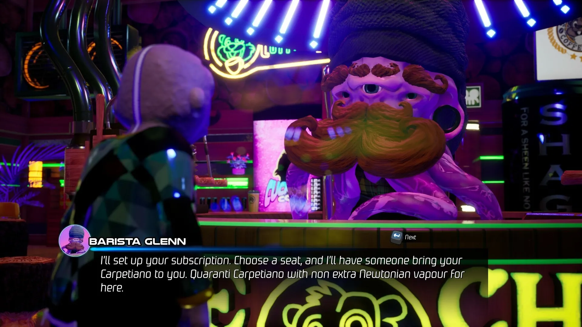 Space Boat: Barista Glenn converses at a vibrant neon-lit intergalactic café, dialogue options visible