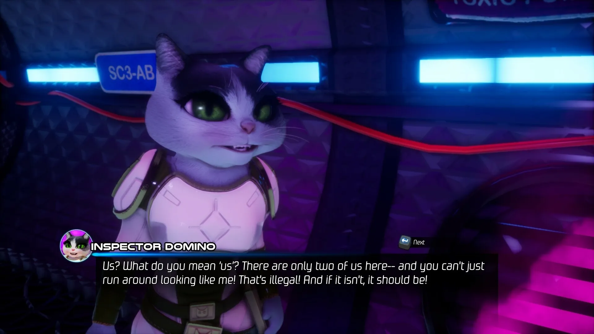 Space Boat: Inspector Domino converses in a vibrant corridor with neon lights and futuristic decor.
