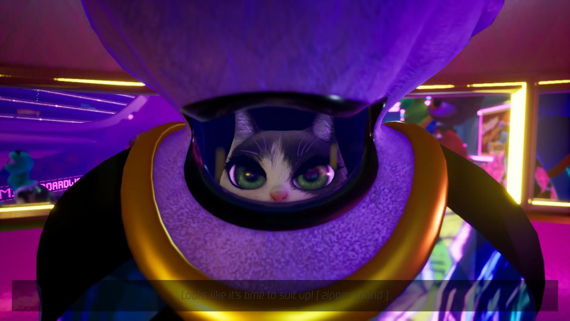 Space Boat: Cat character in spacesuit helmet onboard neon-lit intergalactic cruise-ship bridge