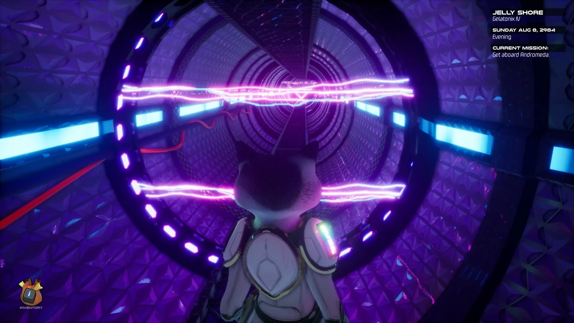 Space Boat: Character faces neon-lit tunnel with electric barriers on intergalactic cruise ship