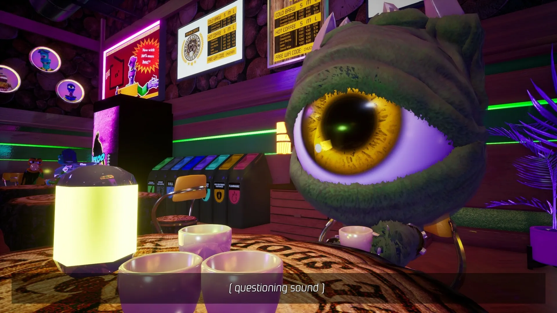Space Boat: Large-eyed alien in a neon-lit cafe setting with colorful drink dispensers and wall menus