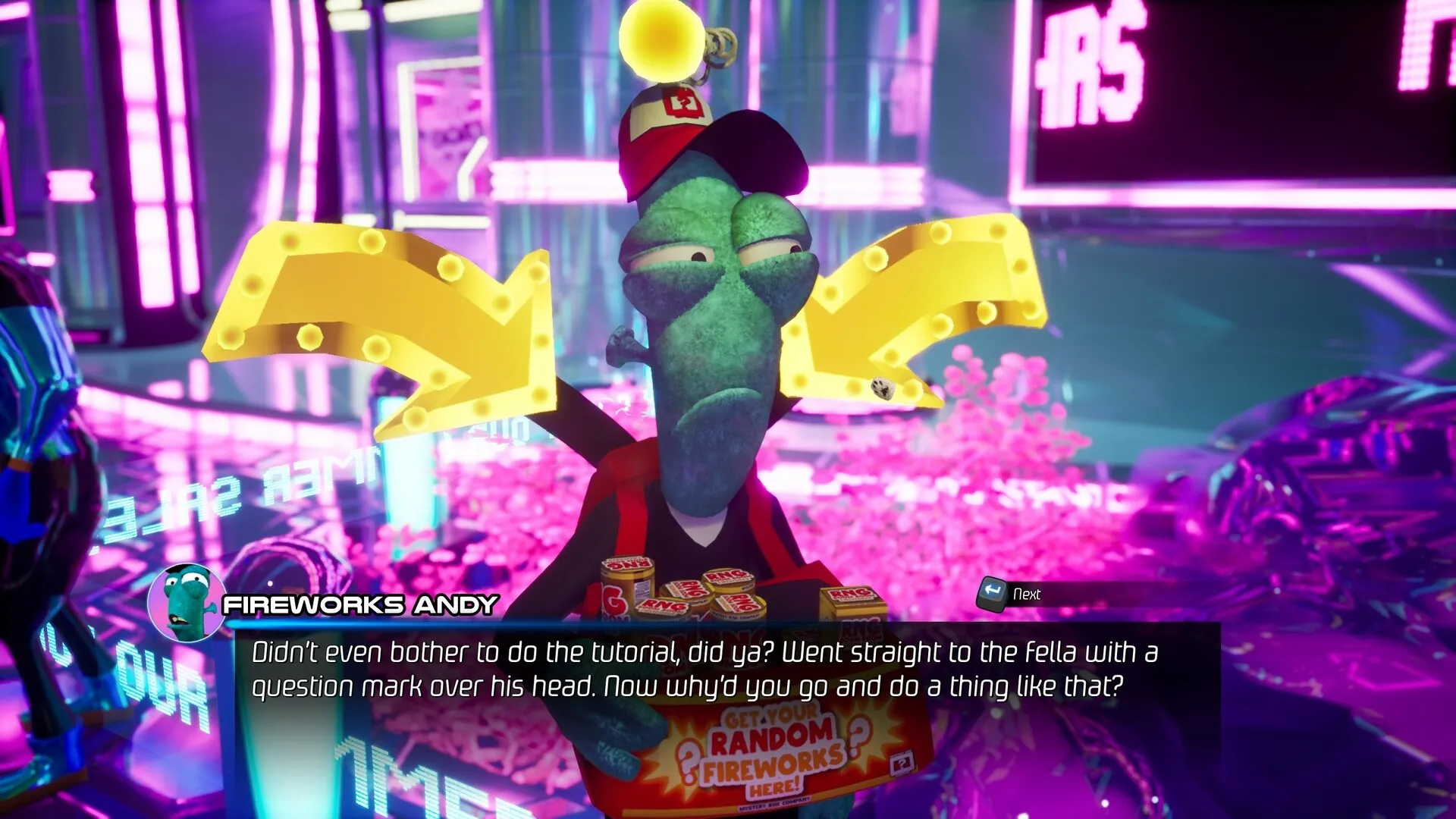 Space Boat: Fireworks Andy with neon signs in a vibrant, futuristic intergalactic cruise-ship setting.