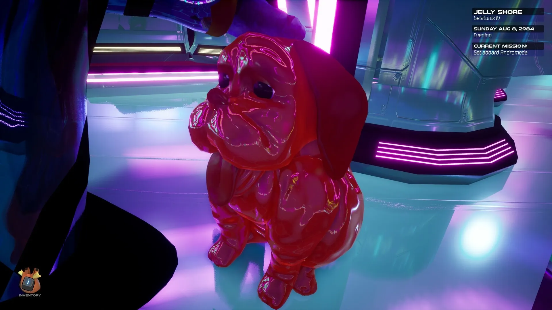 Space Boat: Player pets jelly dog on neon-lit cruise ship with mission details and inventory icon visible
