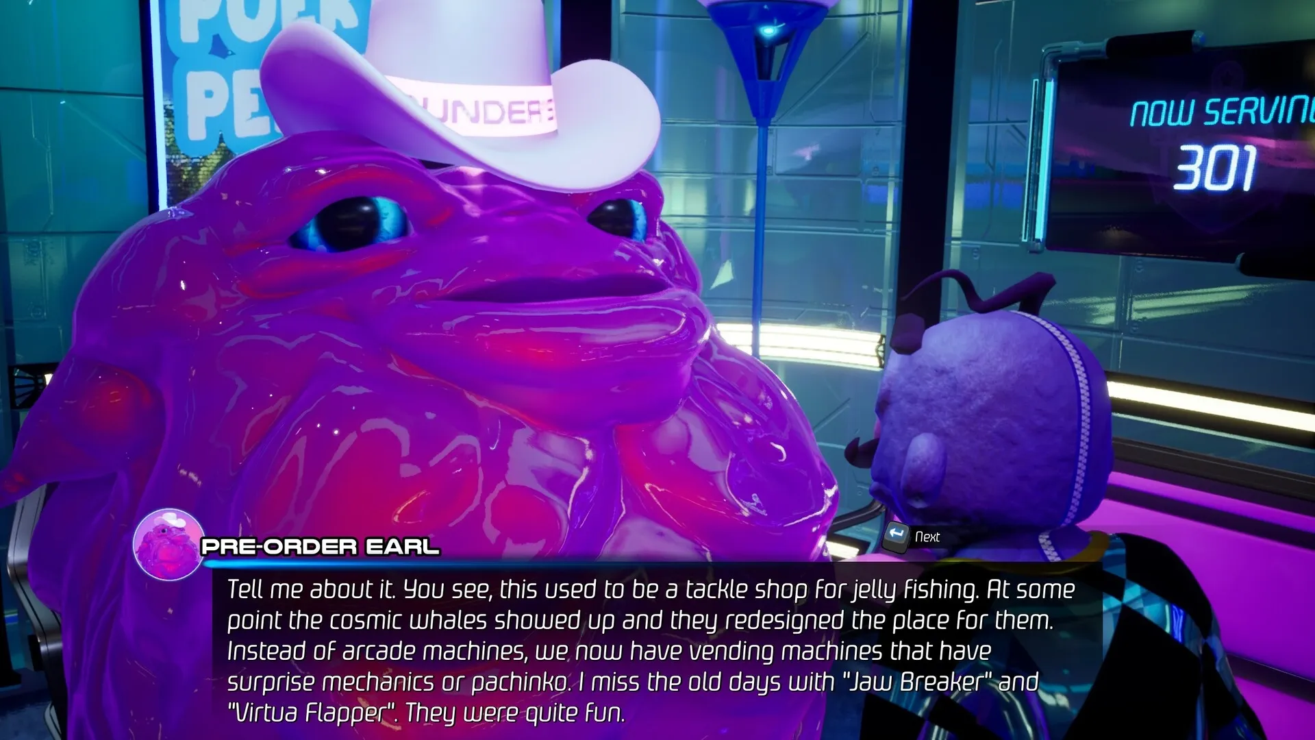 Space Boat: Pre-Order Earl discussing vending machines in a vibrant, futuristic cruise-ship setting
