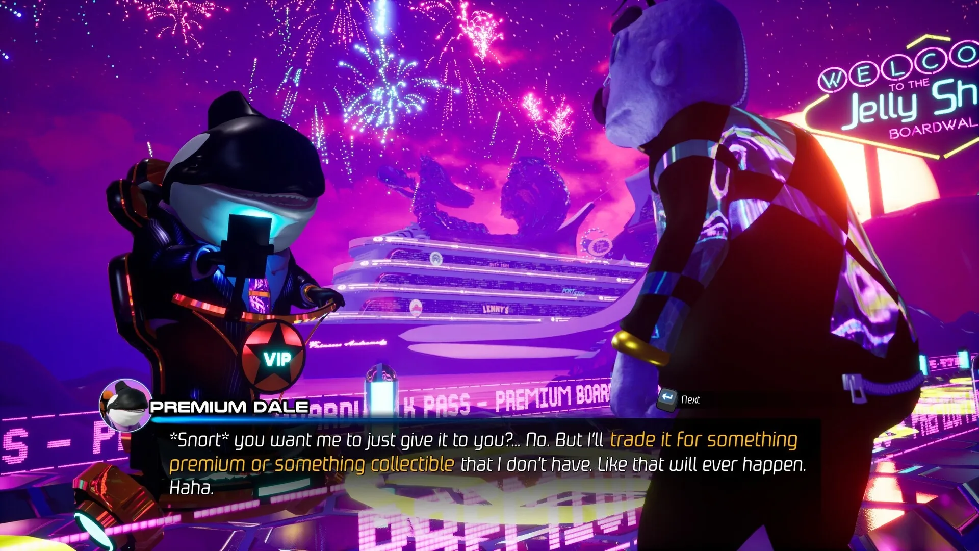 Space Boat: Premium Dale negotiates under vibrant fireworks on the Jelly Shore boardwalk.