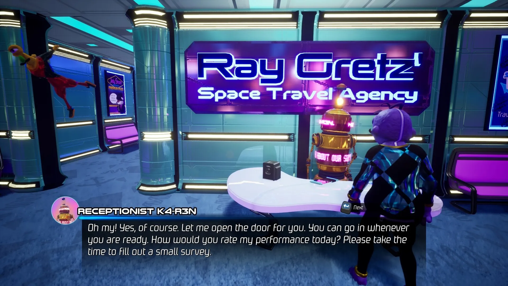 Space Boat: Player interacts with receptionist K4-R3N at Ray Gretz' Space Travel Agency on cruise-ship.