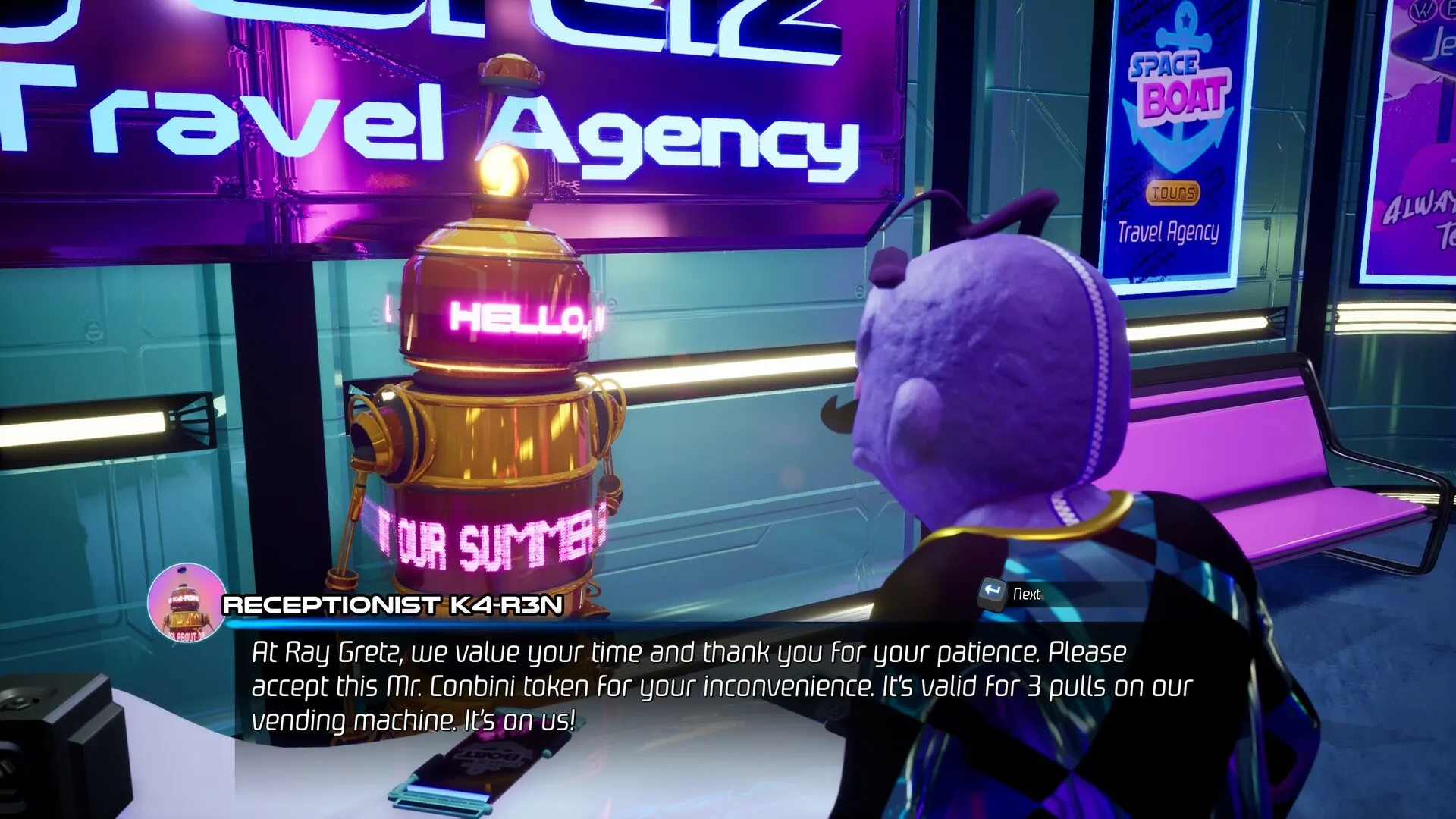 Space Boat: Receptionist K4-R3N speaks with alien character in colorful travel agency setting
