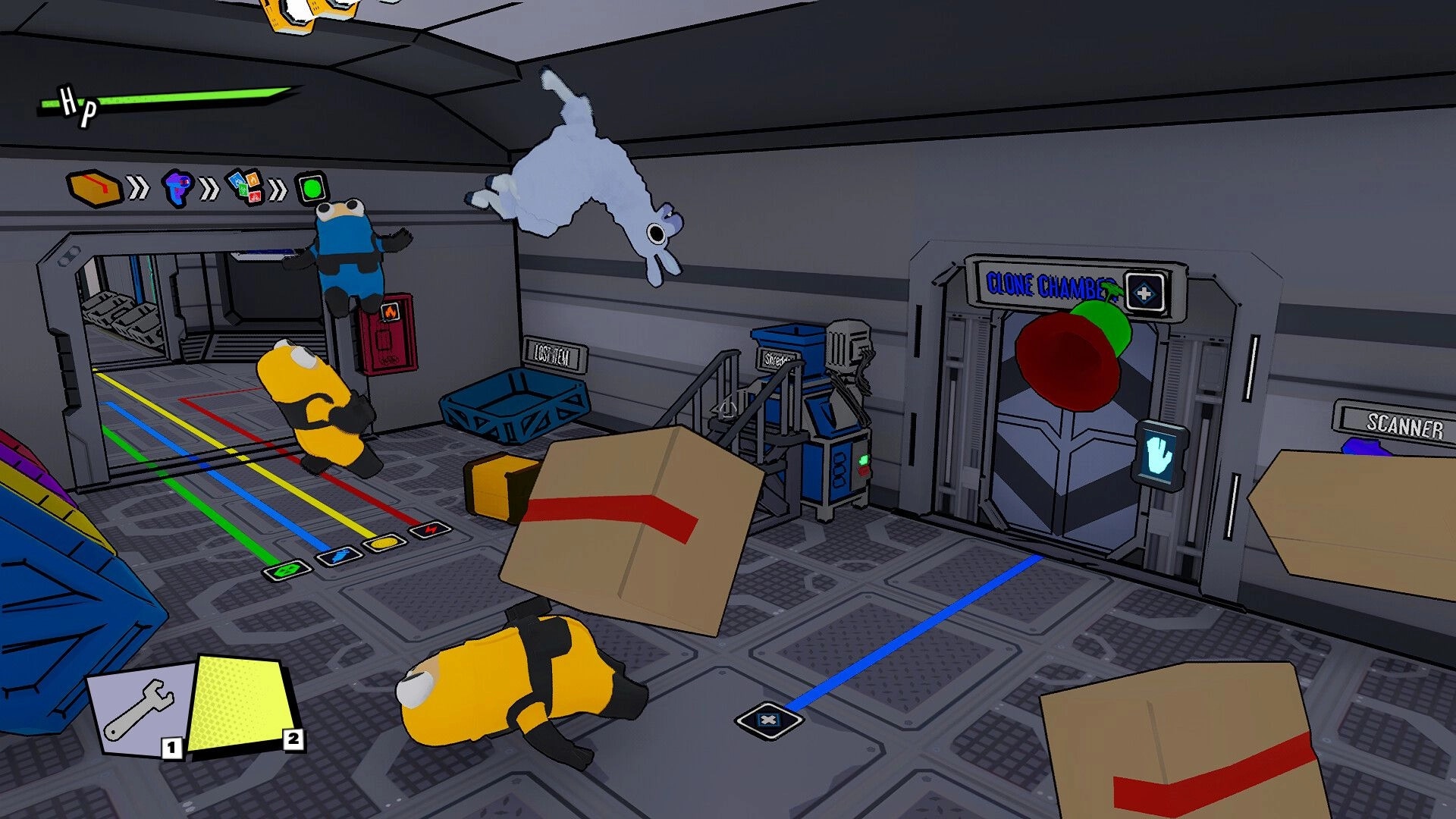 Space Chaos: Characters sorting cargo boxes in a space station with clone chamber and scanner visible