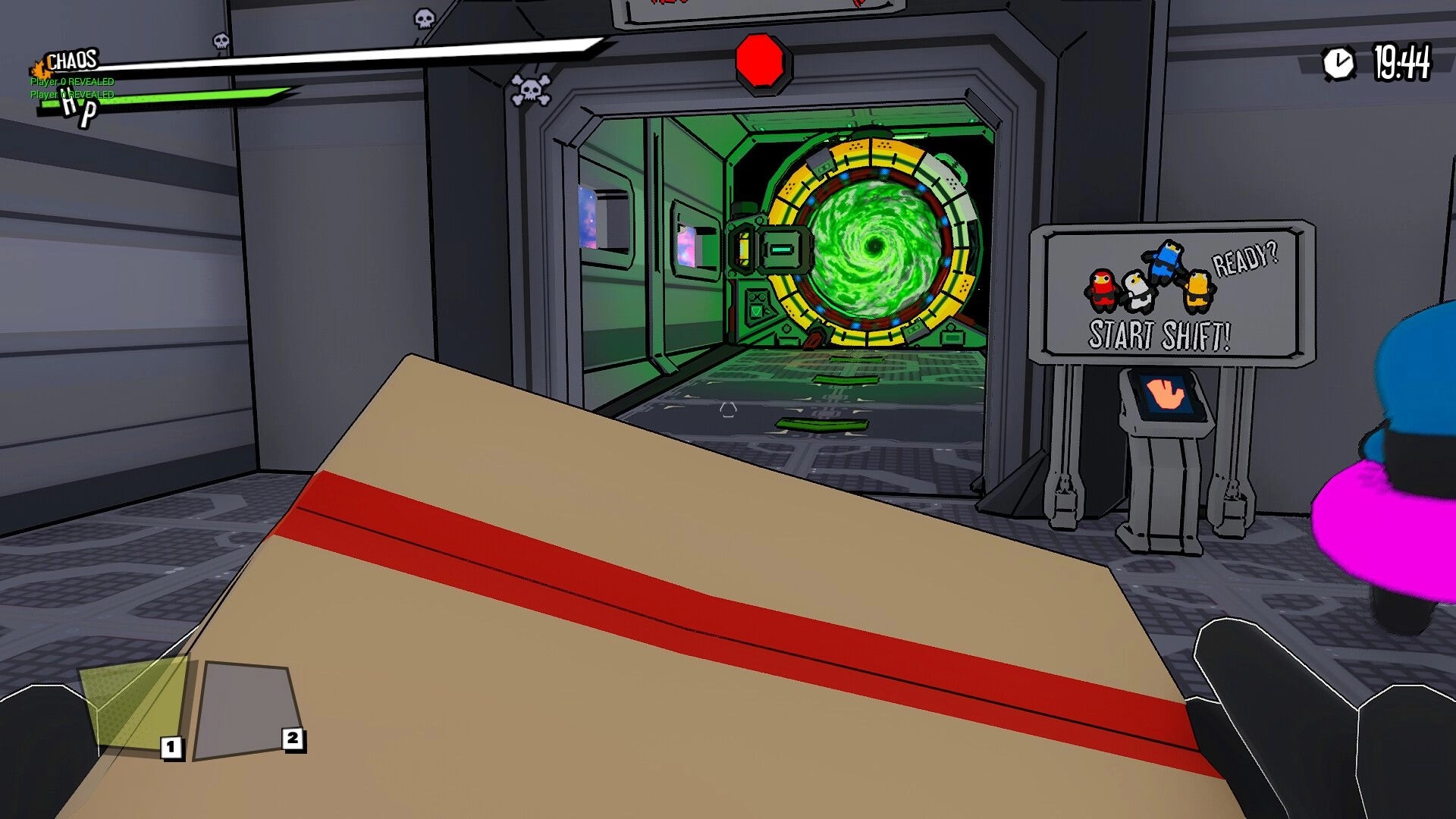 Space Chaos: Player carries box toward swirling green portal in space station corridor with timer ticking