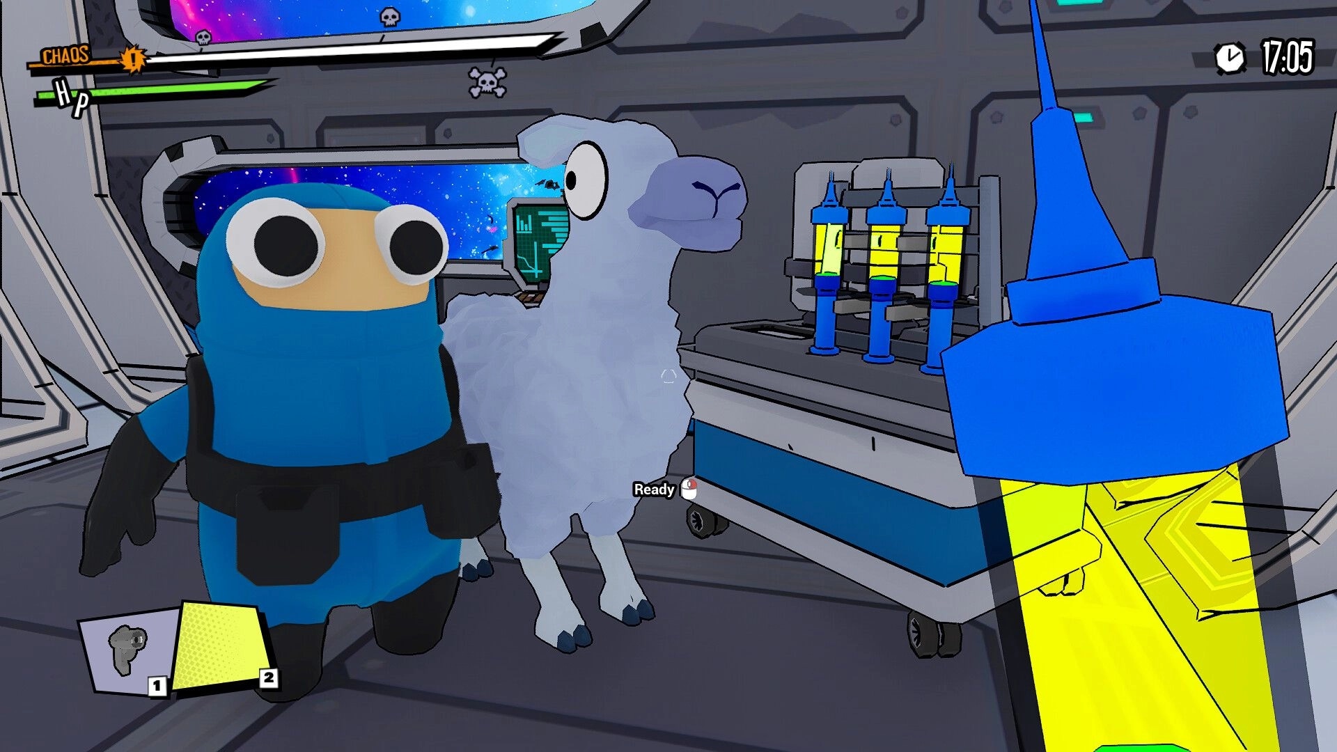 Space Chaos: Cartoon character and llama preparing cargo in a colorful spaceship environment
