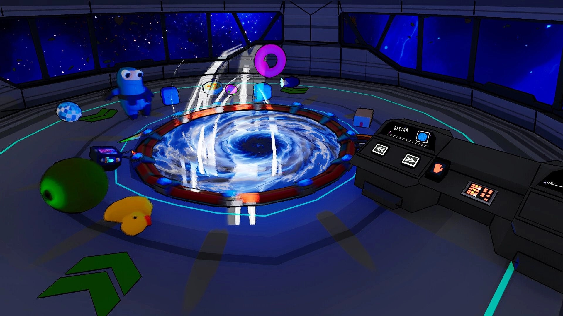 Space Chaos: Blue alien sorting colorful objects into a swirling space portal on a futuristic station.