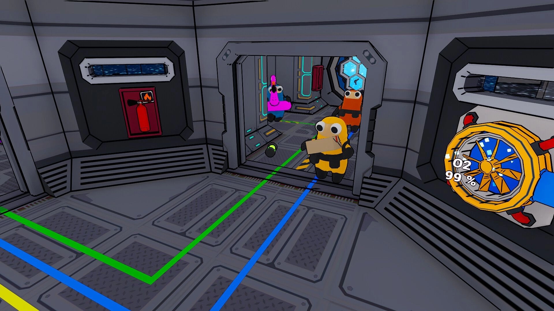 Space Chaos: Characters sorting cargo in a space station corridor, colorful lines on floor, UI gauge visible