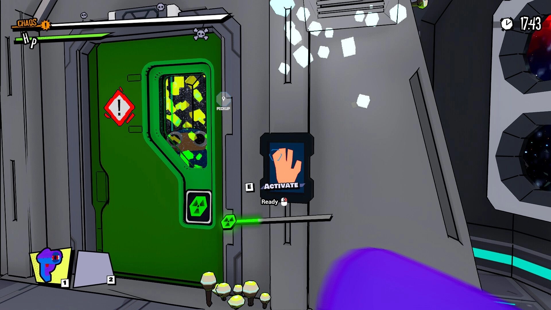 Space Chaos: Activate control panel next to green door with warning sign in space station corridor.