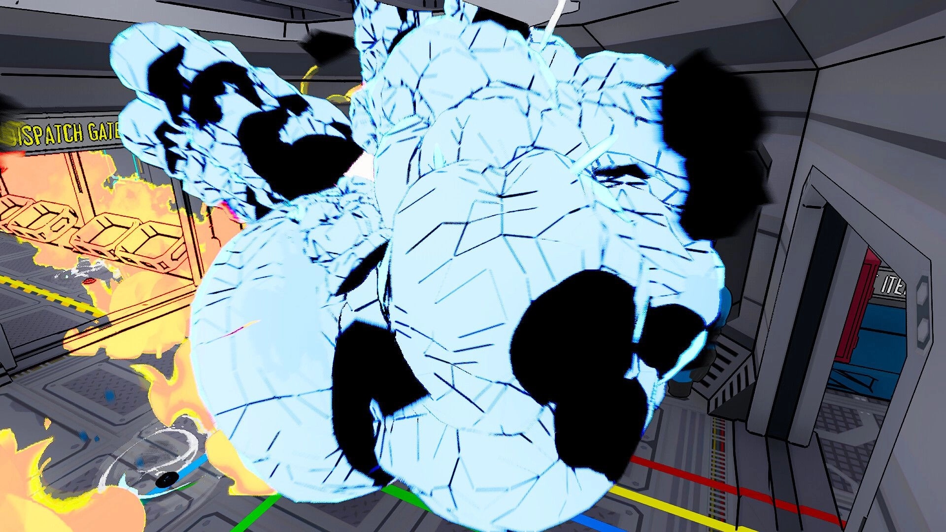 Space Chaos: Explosive cargo chaos near dispatch gate in space station control room environment
