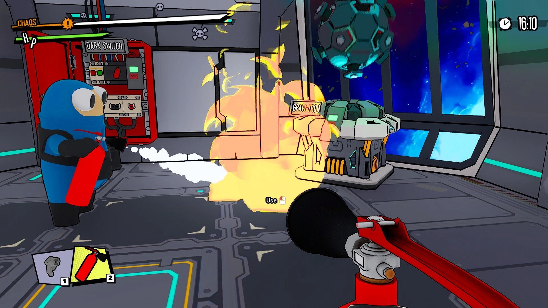 Space Chaos: Character uses fire extinguisher on flames near control panel in space station interior