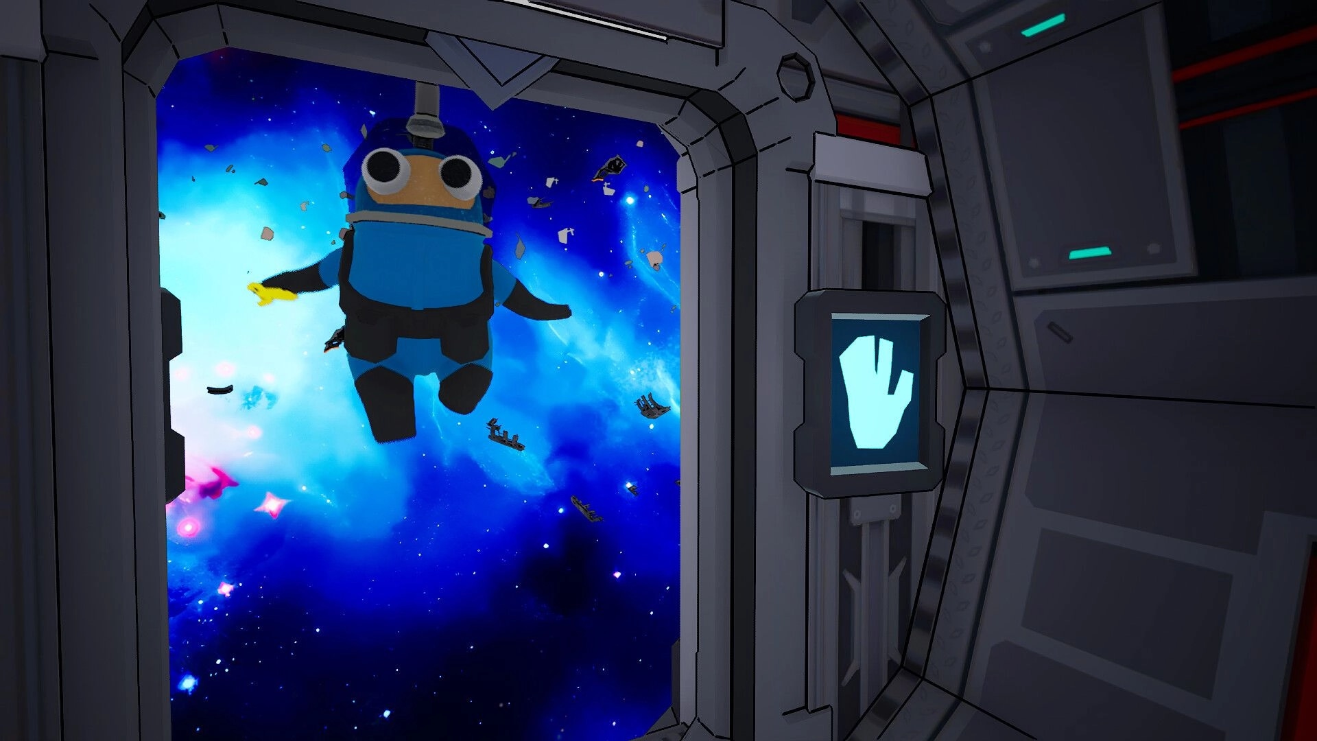Space Chaos: Character floating in space with a view of debris and a hand scanner in a space station.