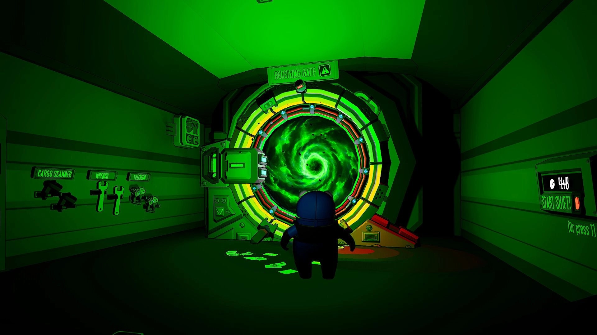 Space Chaos: Character facing swirling green vortex in neon-lit cargo bay with tools on the wall