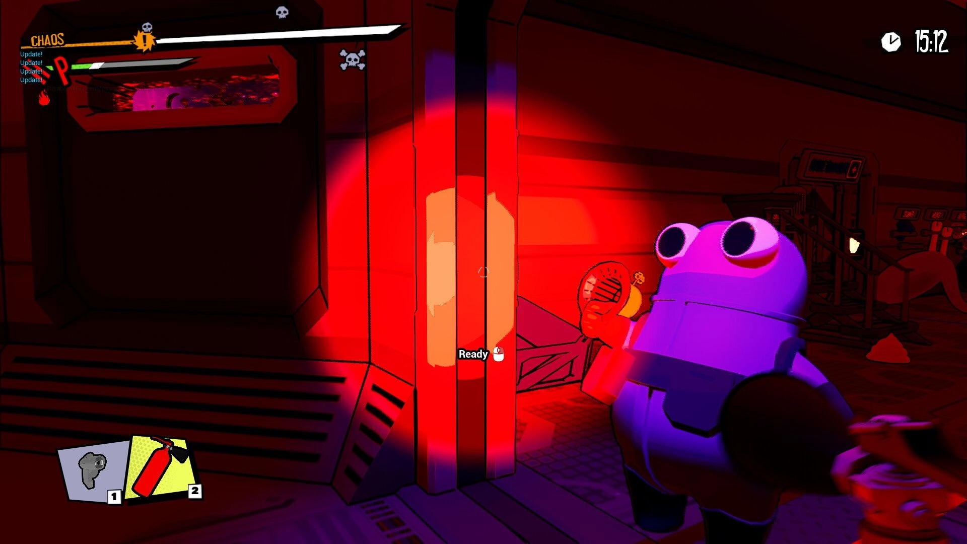 Space Chaos: Purple character with a ray gun in a red-lit spaceship corridor, chaos bar shown above