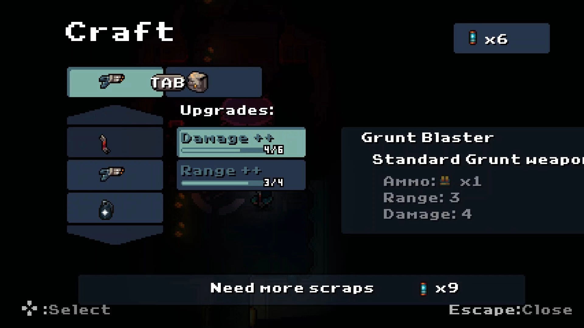 Space Grunts: Crafting menu with Grunt Blaster upgrades, ammo count, and scrap requirements displayed.