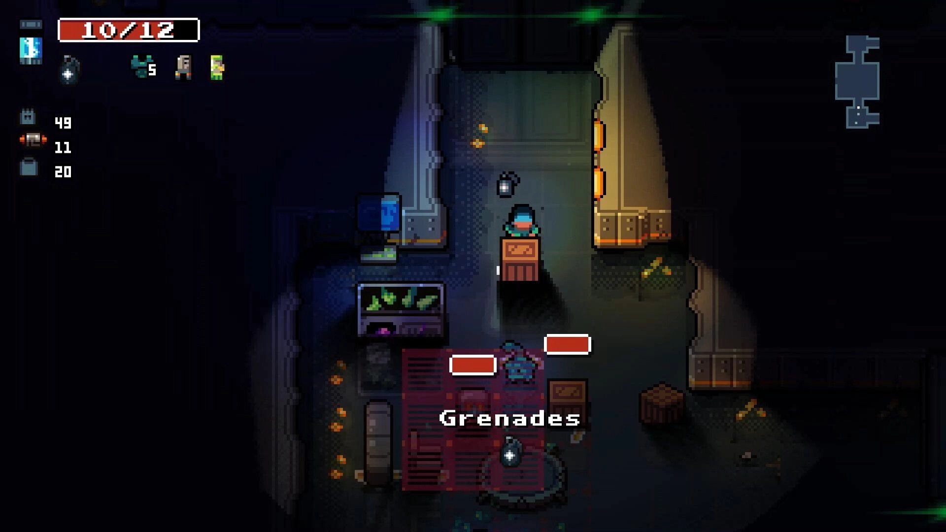 Space Grunts: Character throws grenade in dimly lit corridor with health and inventory displayed