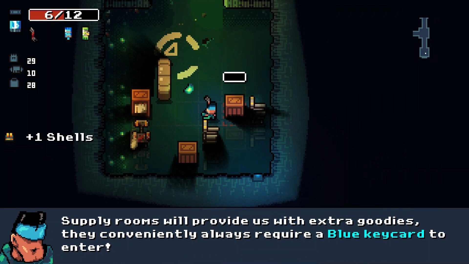 Space Grunts: Character in supply room with crates, UI shows health 6/12, gained +1 Shells, keycard needed.