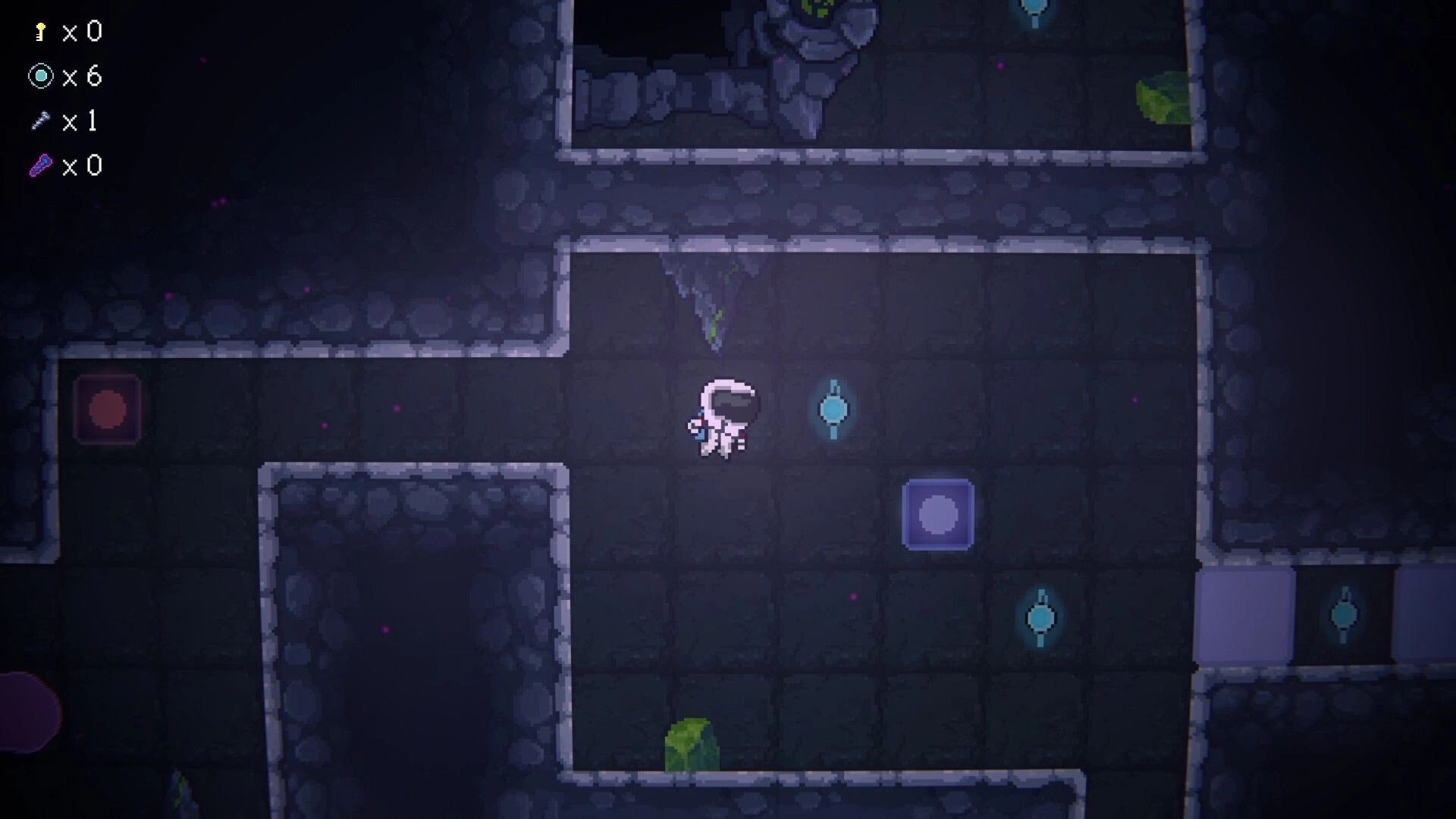 Space Revolver: Astronaut stands in stone corridor puzzle room with glowing nodes and movable blocks UI counters left.