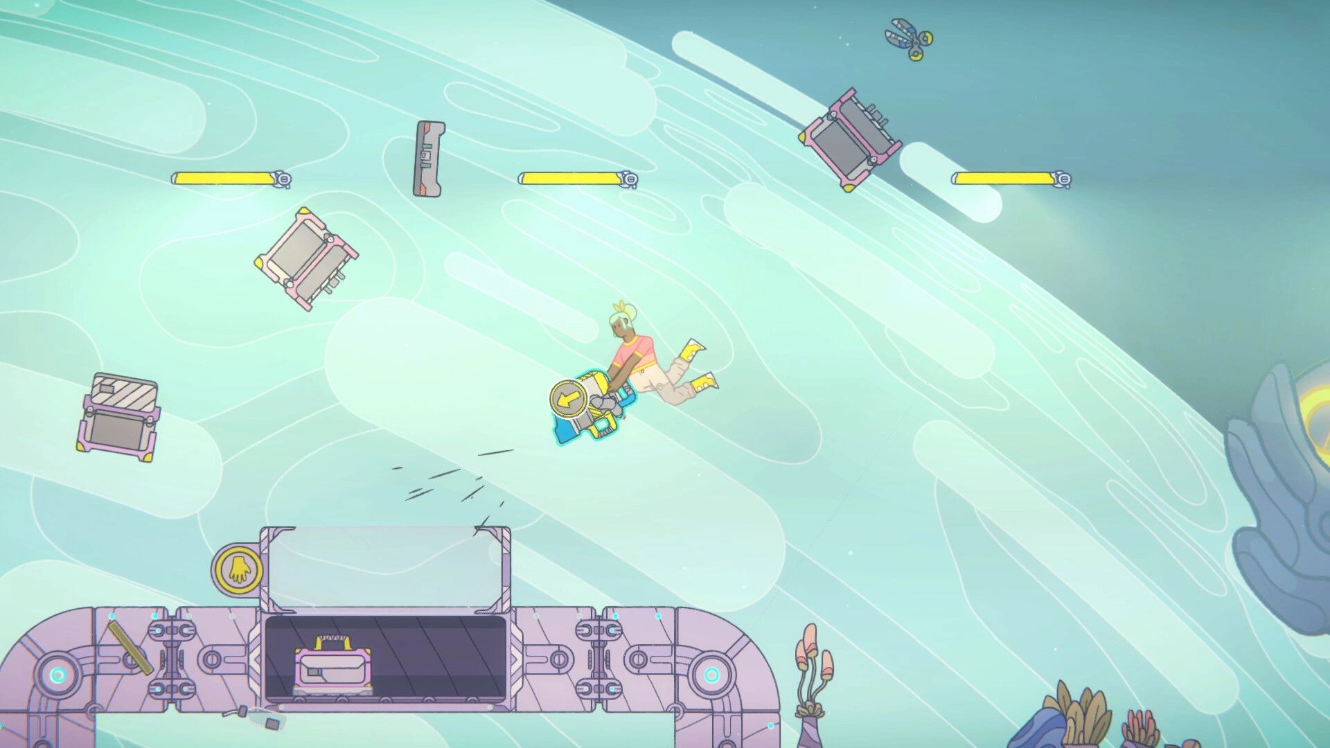 Space Sprouts: Character floats in low gravity assembling gadgets on a colorful solar punk spaceship