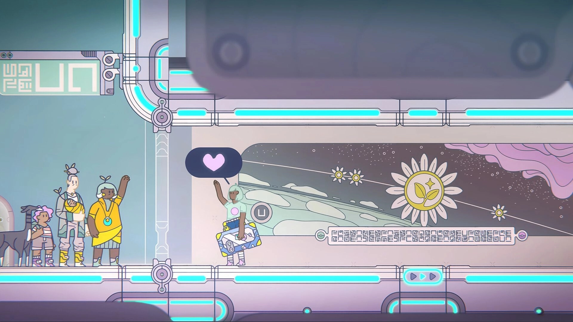 Space Sprouts: Characters waving with heart icon in futuristic spaceship corridor with floral design