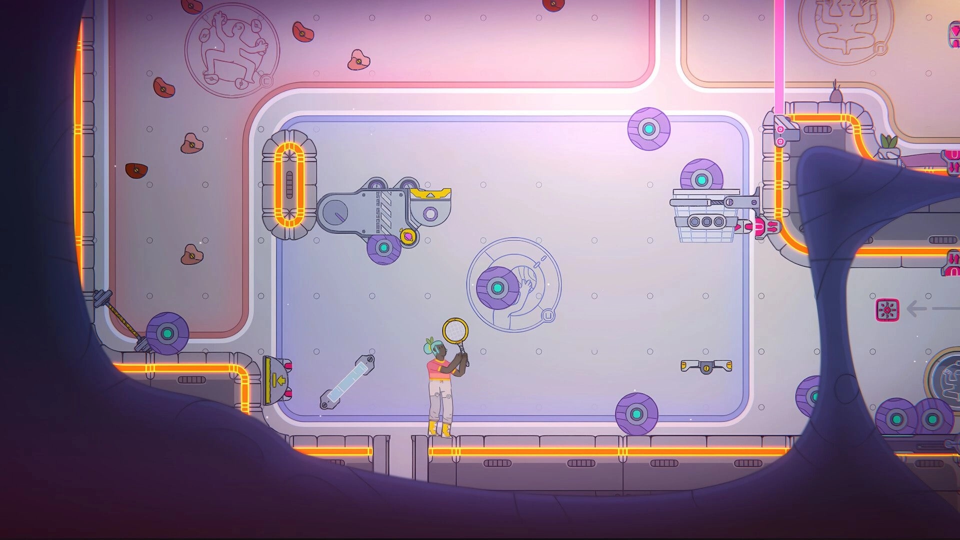Space Sprouts: Character holding magnifier in a futuristic spaceship with glowing panels and gadgets