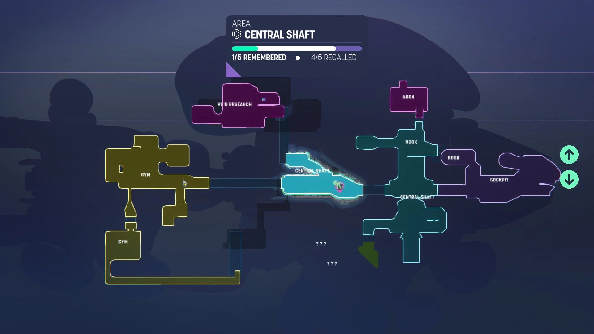 Space Sprouts: Map overview of spaceship with highlighted Central Shaft area and navigation arrows visible