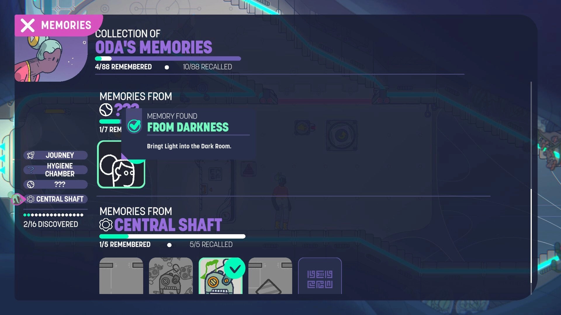 Space Sprouts: Oda's memory collection screen shows progress bars and journey locations on spaceship.