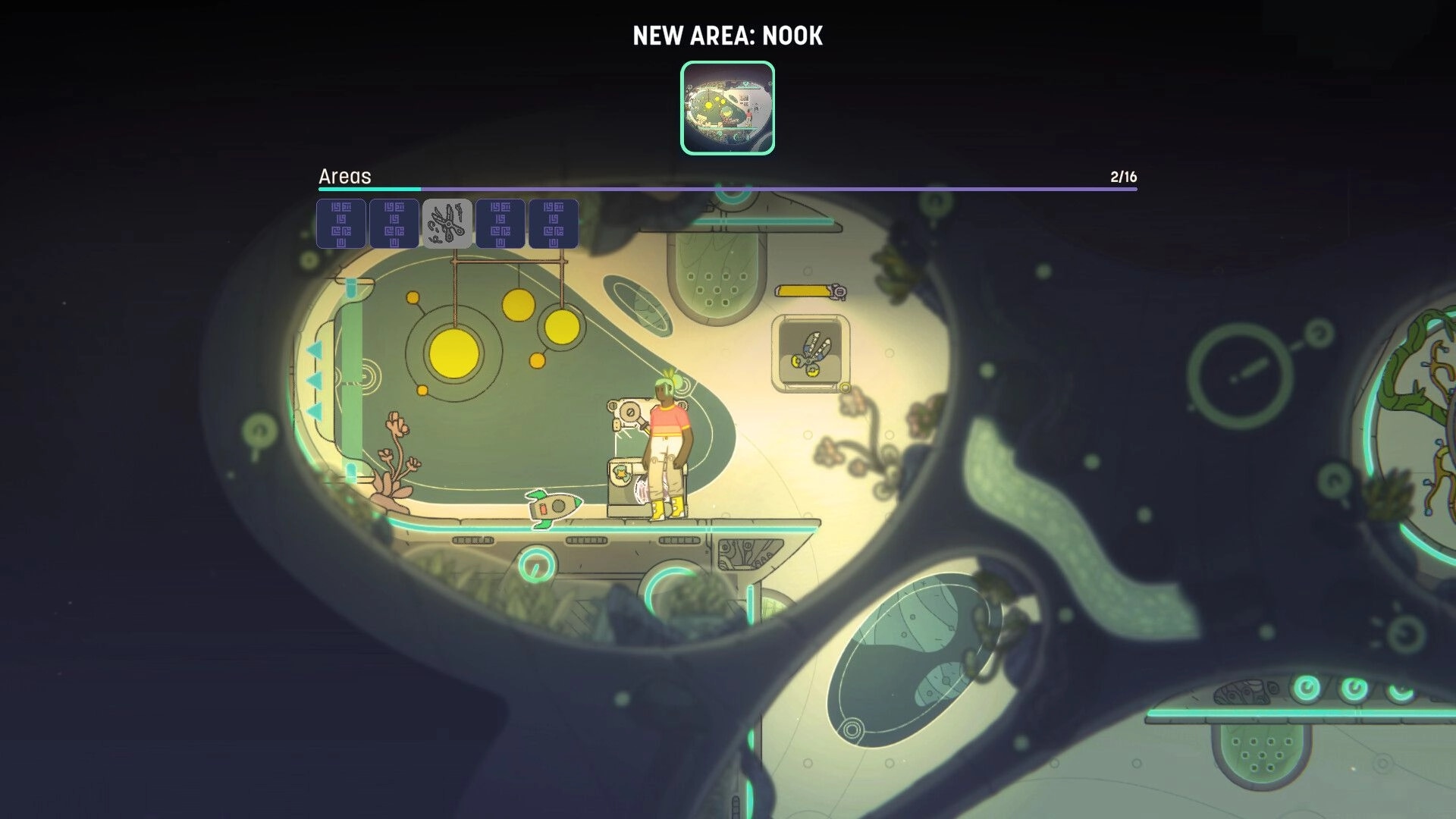 Space Sprouts: Character interacting with a control panel in the spaceship's Nook area, UI shows 2/16 Areas