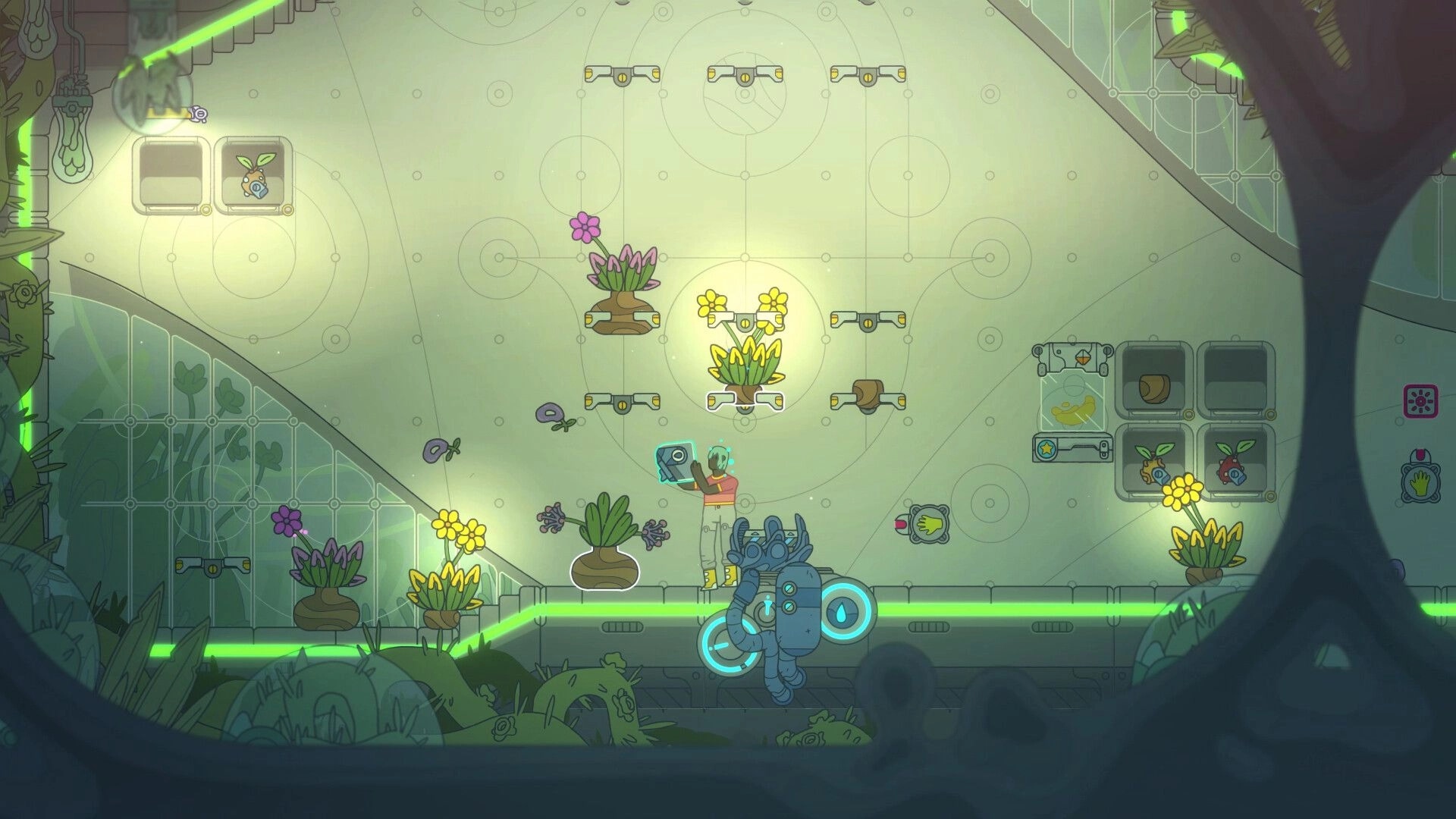 Space Sprouts: Player uses gadget to analyze plants in solar punk spaceship's garden room