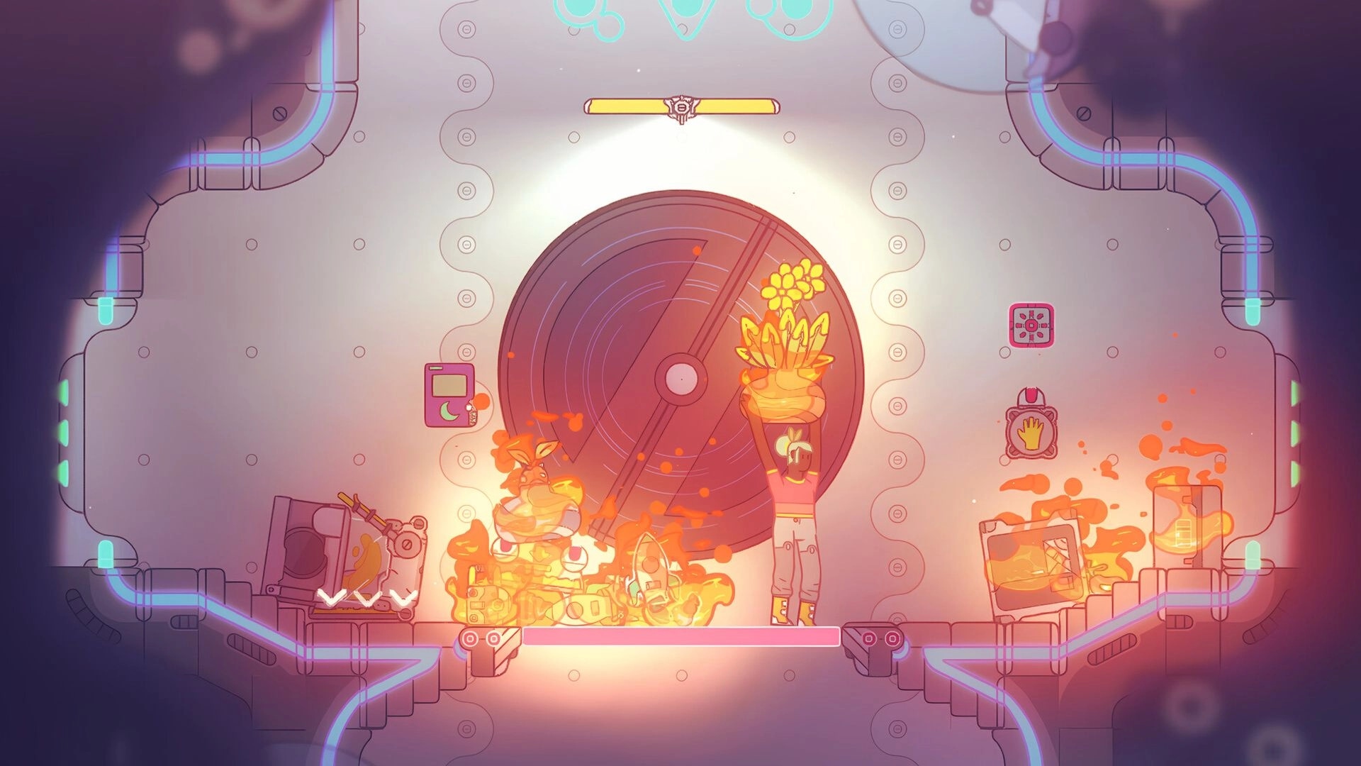 Space Sprouts: Character holds plant in chaotic spaceship room with glowing pipes and scattered gadgets
