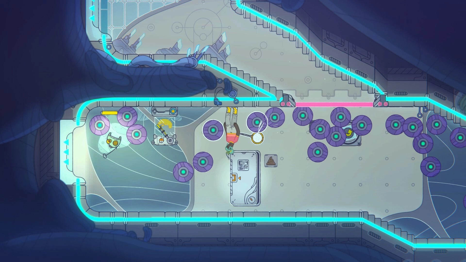 Space Sprouts: Character floats in zero gravity amidst gadgets and purple disks inside a spaceship corridor.