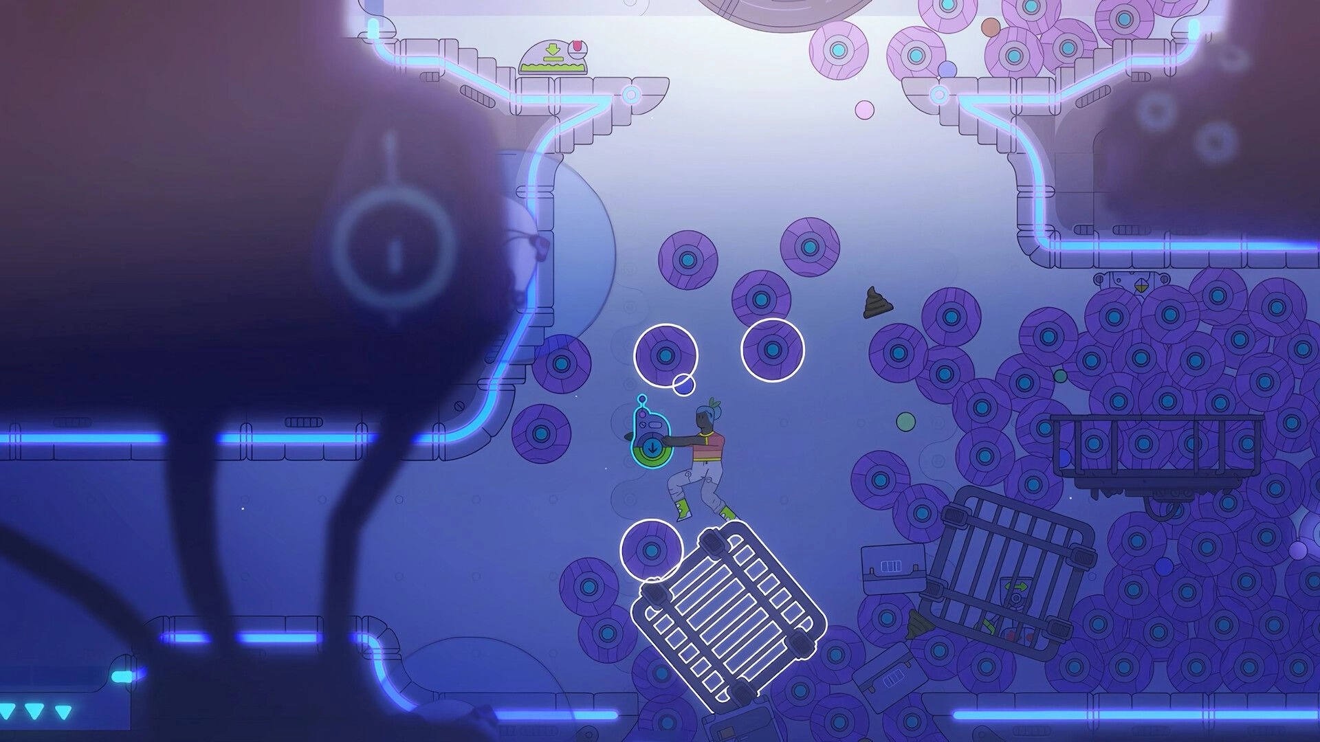Space Sprouts: Player manipulating gravity in a neon-lit spaceship filled with floating discs and gadgets.
