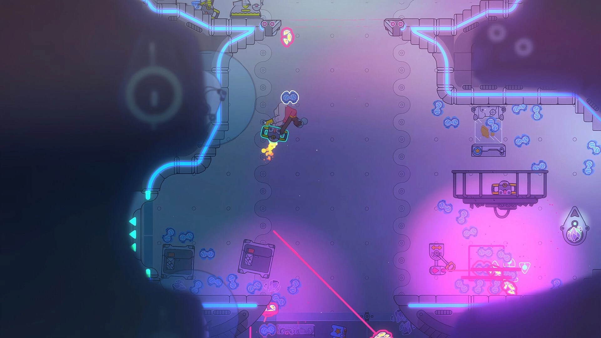 Space Sprouts: Player with jetpack navigates neon-lit spaceship interior, dodging obstacles and lasers