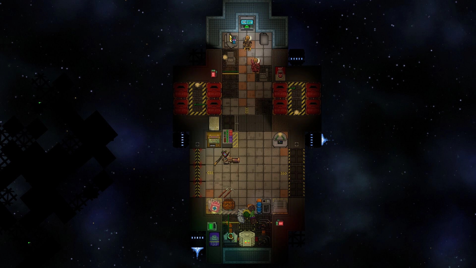Space Station 14: Two characters manage equipment in a cluttered room aboard a space station in deep space