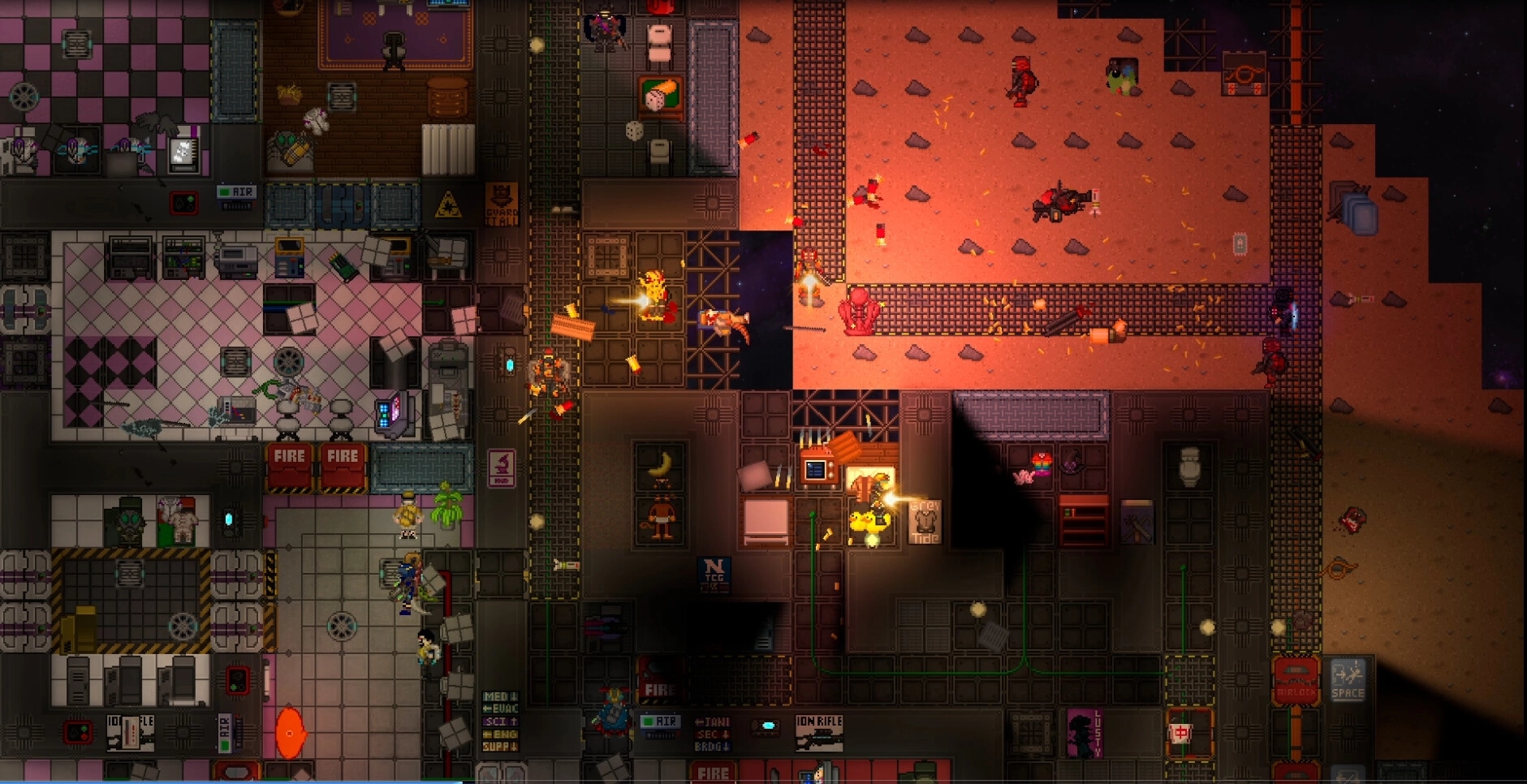 Space Station 14: Characters navigate chaotic station corridor amid fire and debris in outer space environment