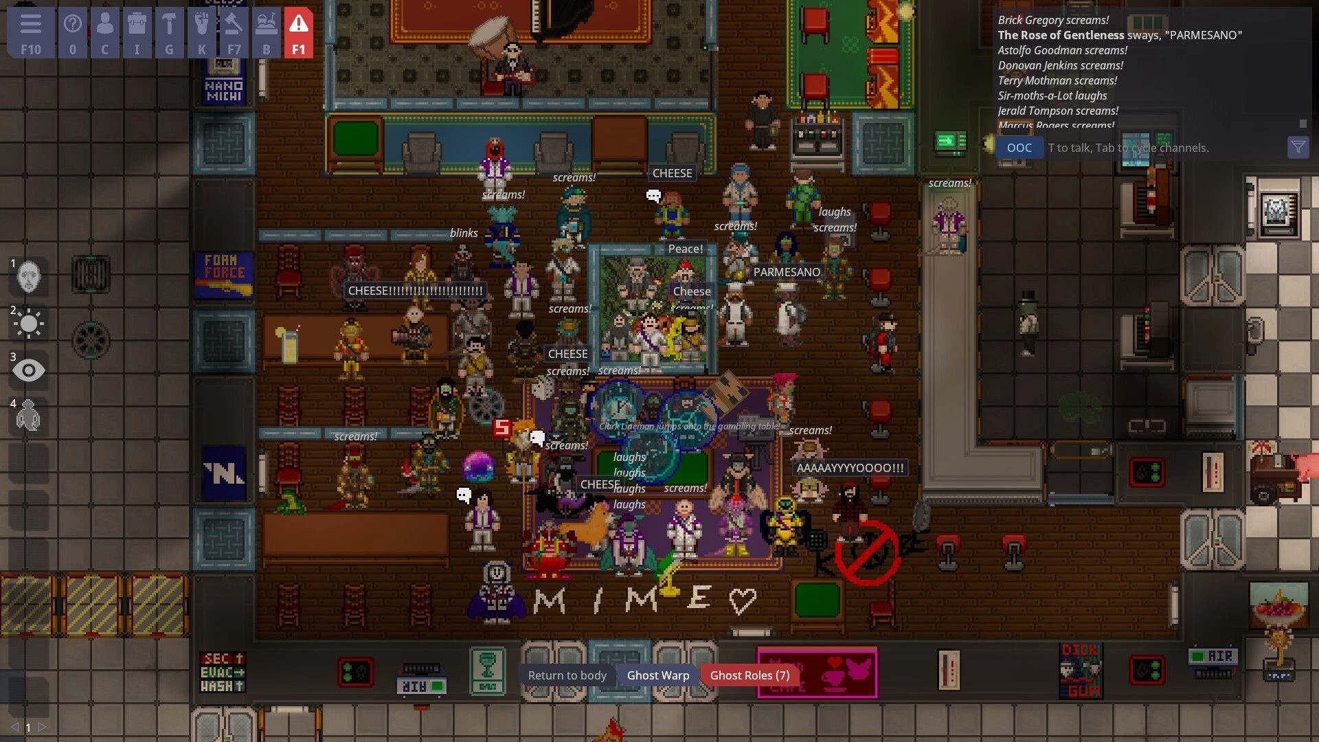 Space Station 14: Crowded bar scene with characters shouting and interacting in a lively station environment