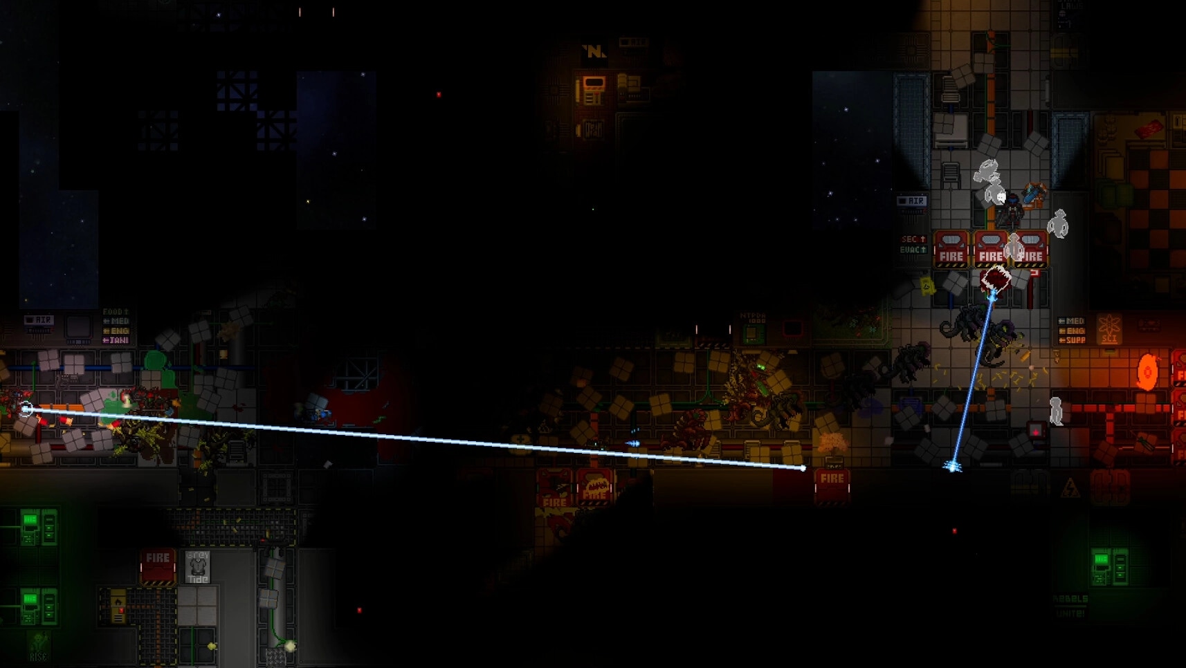 Space Station 14: Intense firefight with alien creatures in a dimly lit space station corridor