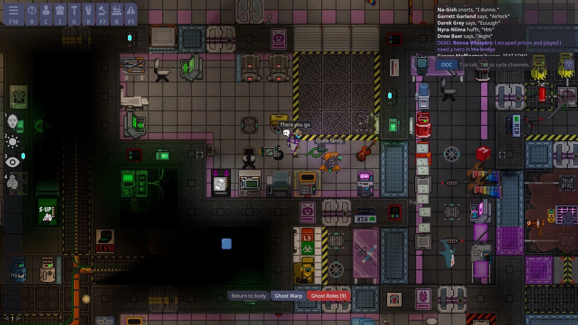 Space Station 14: Character interaction in a busy control room with consoles and equipment scattered around