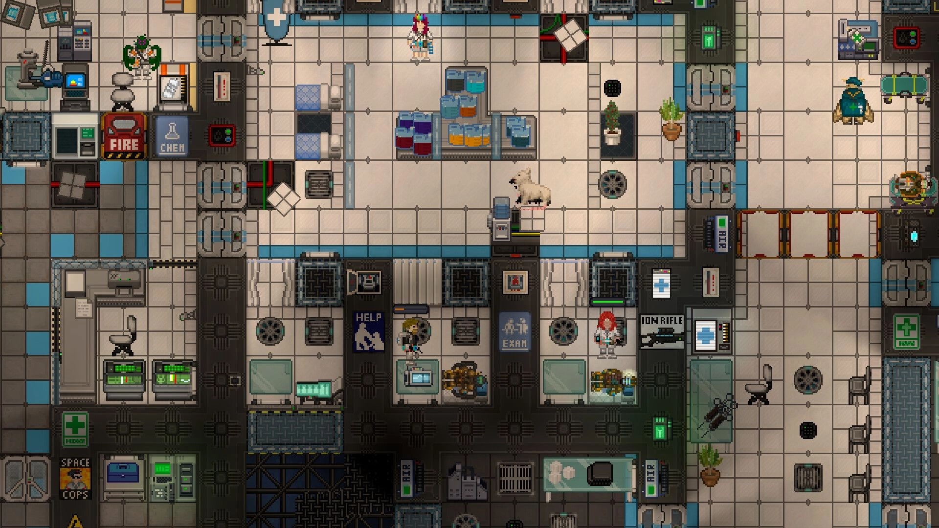 Space Station 14: Characters and a sheep in a medical bay with equipment and monitors visible