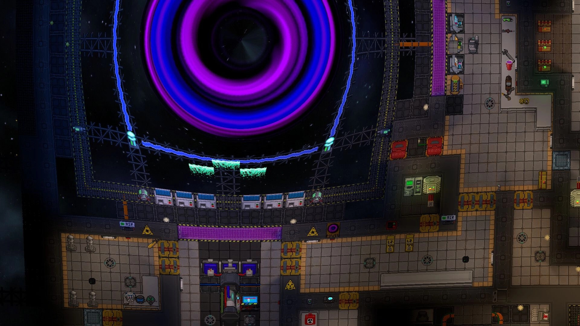 Space Station 14: Large swirling purple vortex in a control room with consoles and equipment.