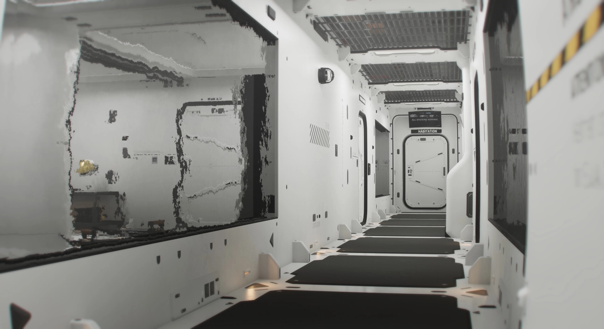 SPACE WALK: Empty station corridor leading to a Habitation door, with status sign above in view.