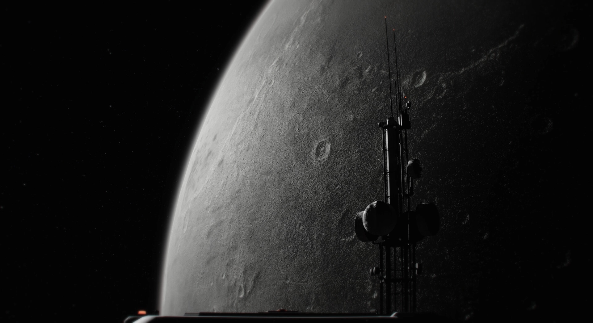 SPACE WALK: Orbital station antenna and modules silhouetted against the Moon’s cratered surface.