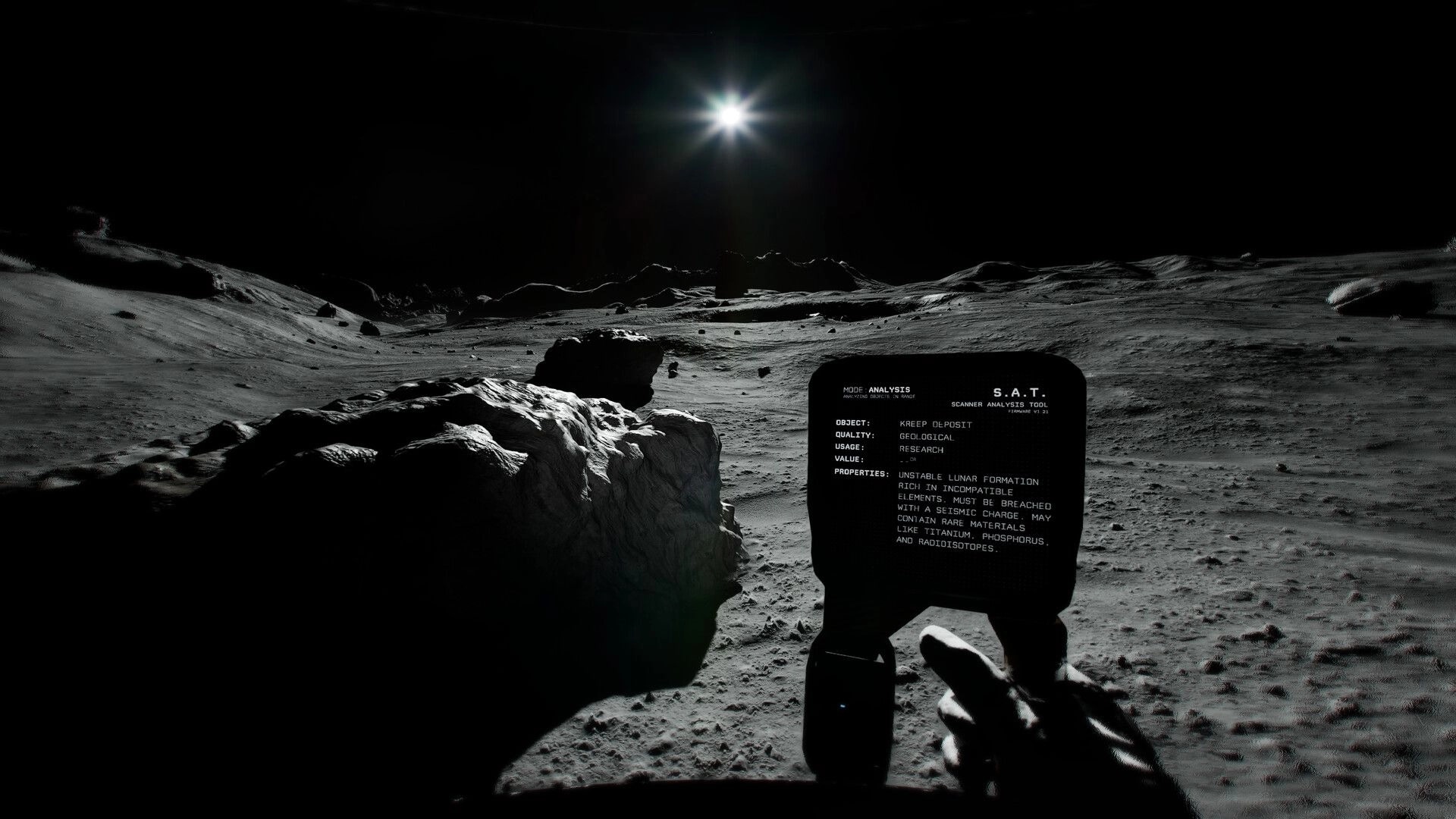 SPACE WALK: Using S.A.T. scanner tool to analyze a lunar rock deposit on a dark cratered plain.