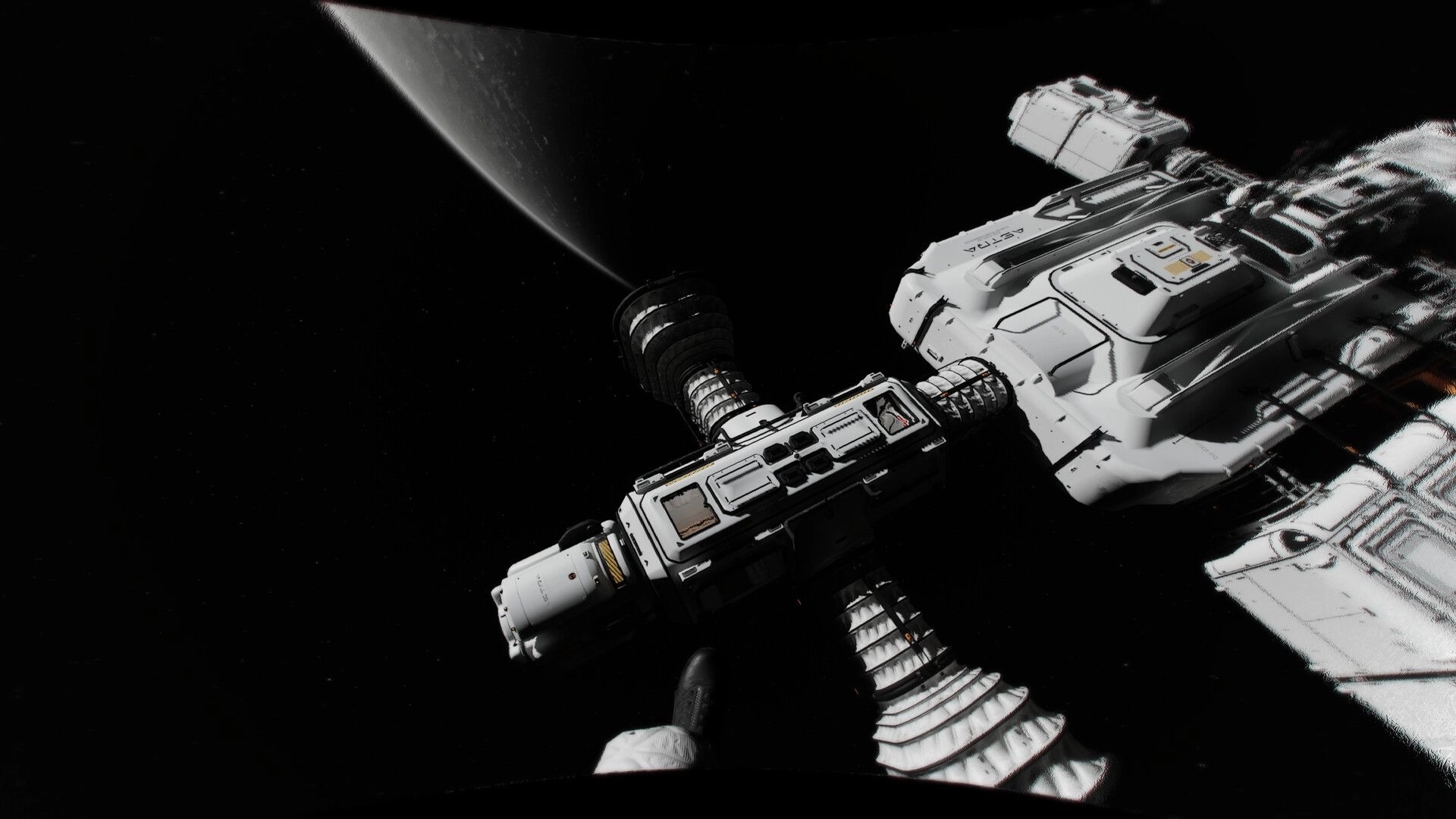 SPACE WALK: First-person view drifting near an orbital station module with planet limb in space.