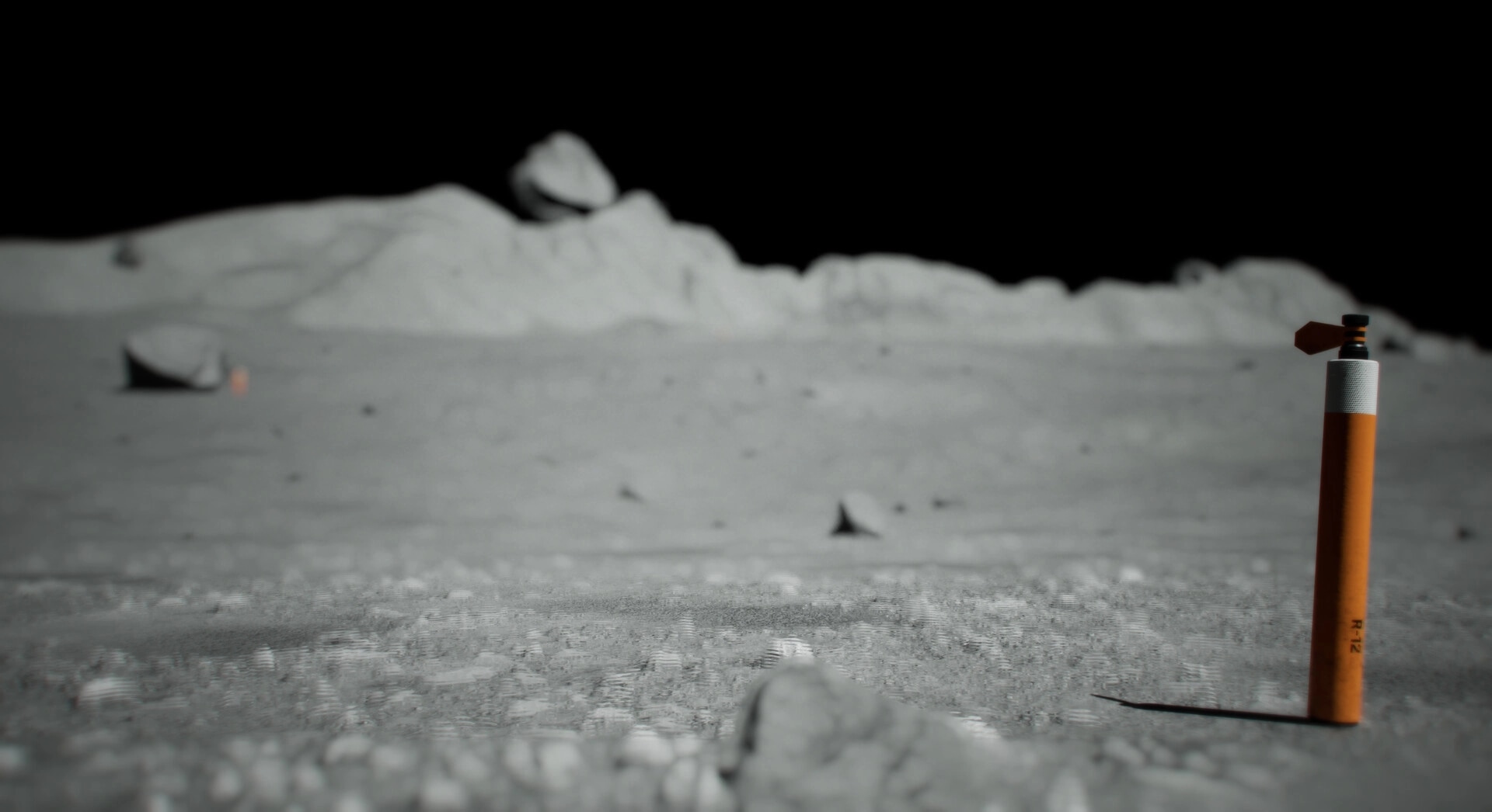 SPACE WALK: Orange survey marker planted in gray lunar regolith with rocky ridges in distance.